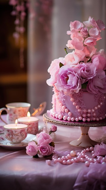 Il dessert reale è una deliziosa celebrazione di compleanno in panetteria con fiori.