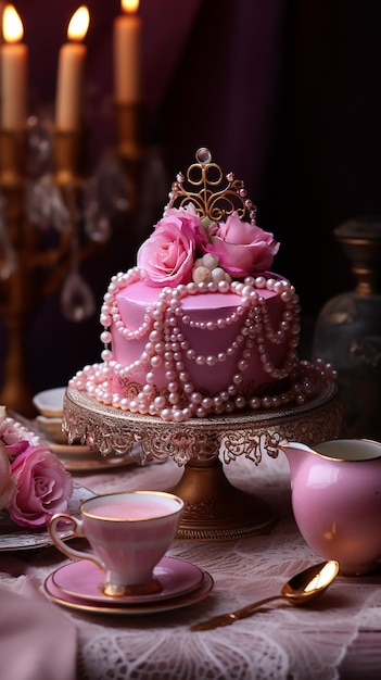 Il dessert reale è una deliziosa celebrazione di compleanno in panetteria con fiori.