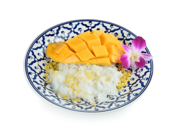 Il dessert tropicale di stile tailandese, riso appiccicoso mangia con i manghi