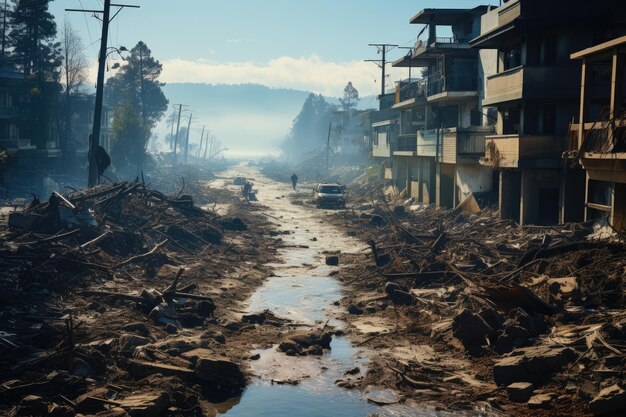 Il devastante tsunami raffigura l'immensa distruzione e il caos lasciati alla sua scia