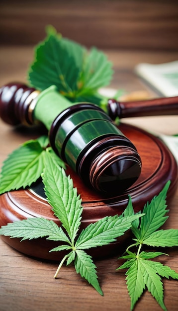 Il dibattito sulla legalizzazione della cannabis simboleggiato da martello e foglie