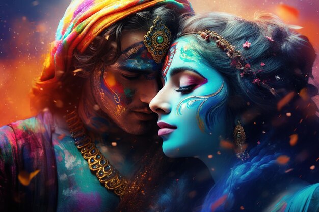 Il dio indiano Krishna e Radha giocano a holi Generative Ai