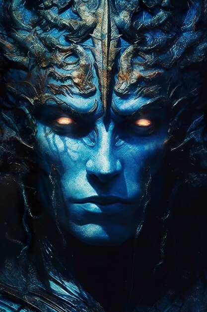 Il dio nemesi con gli occhi azzurri in piedi davanti all'IA generativa in bronzo scuro e azzurro chiaro