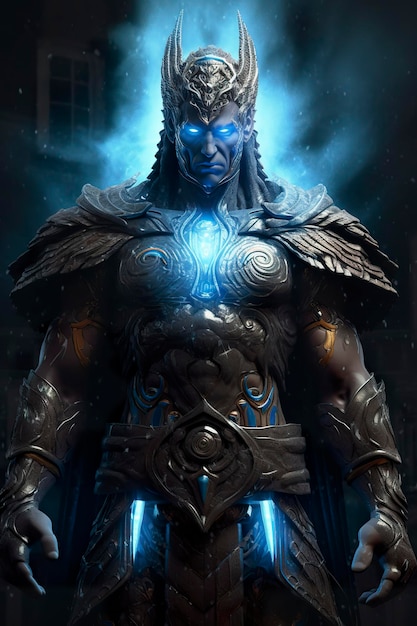 Il dio nemesi con gli occhi blu in piedi di fronte bronzo scuro e azzurro chiaro AI Generative
