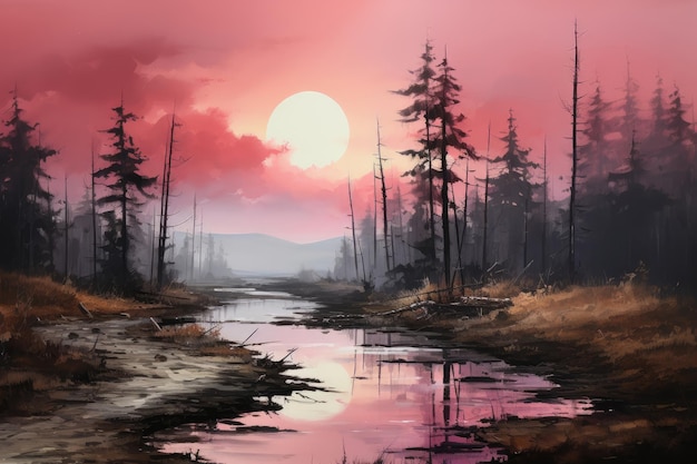 Il dipinto raffigura il cielo rosa, le montagne, gli alberi e le nuvole.