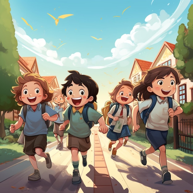 Il disegno dell'illustrazione del fumetto di alcuni bambini che corrono va a scuola perfetto per creare striscioni o volantini