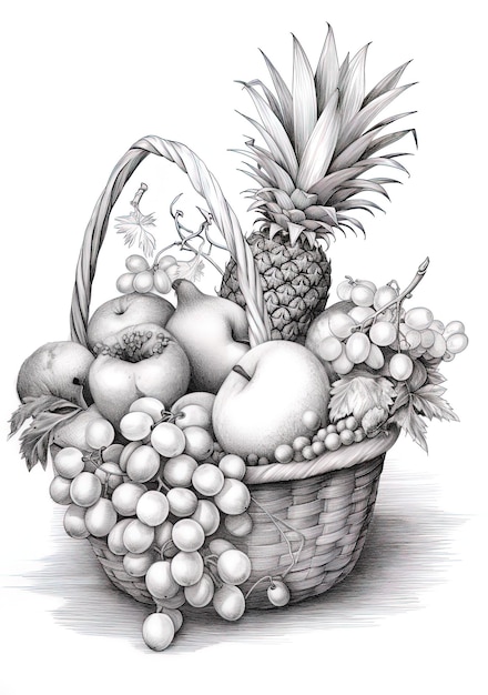 il disegno di un cesto di frutta con ananas e uva.