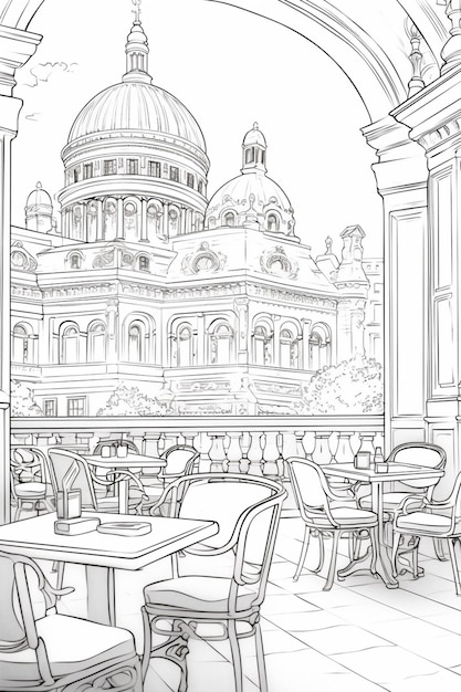 il disegno di un ristorante con tavoli e sedie e la vista di un edificio ai