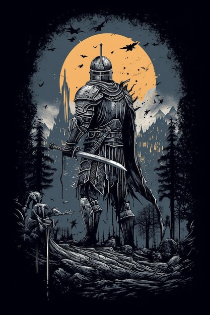 Il disegno di una maglietta di un invasore di Dark Souls in piedi sul corpo di un altro cavaliere