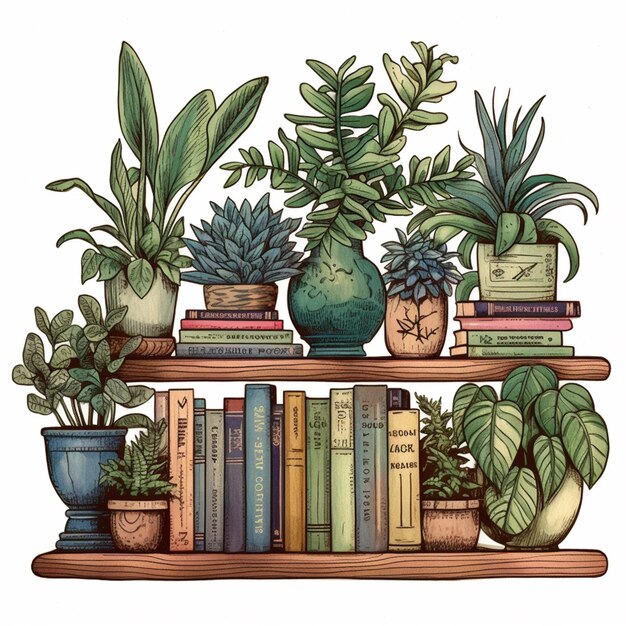 il disegno di uno scaffale con sopra libri e piante ai generativi