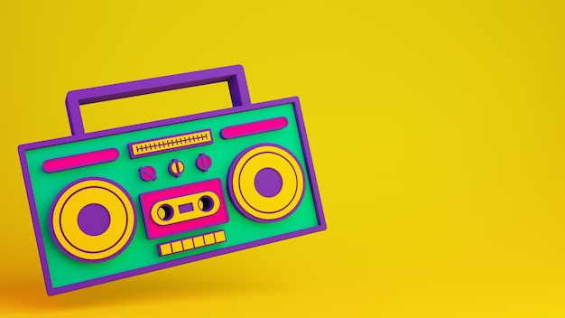 Il dispositivo audio retrò anni '80 boombox 3d rende l'illustrazione con lo spazio della copia