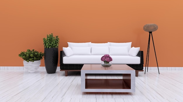 Il divano bianco nella stanza con pareti arancioni luminose e pavimento in marmo bianco rende la stanza pulita, 3D
