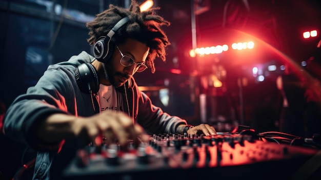 Il DJ suona durante la discoteca durante la festa