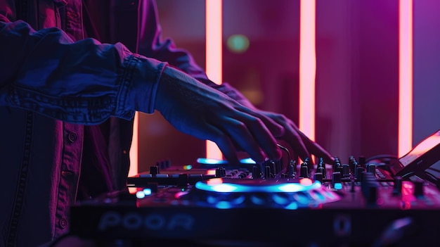 Il DJ suona musica con un tema al neon generato dall'AI