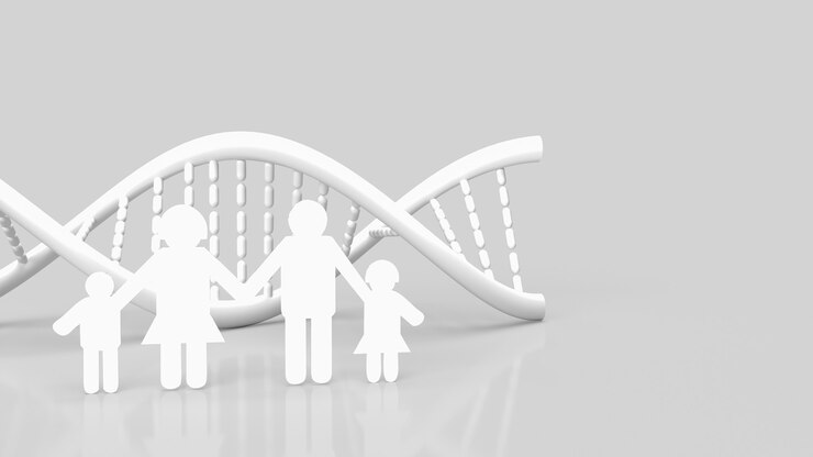 Il DNA bianco e la carta di famiglia tagliati su sfondo bianco per il rendering 3d di concetti scientifici o medici