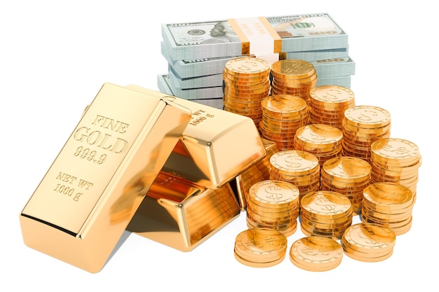 Il dollaro confeziona lingotti d'oro e monete d'oro rendering 3D