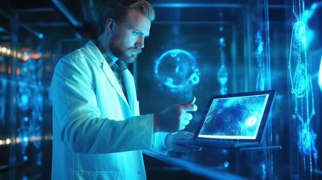 Il Dottore in Scienze Mediche lavora in un laboratorio con un apparato biologico per l'analisi e il campionamentoTecnologie innovative futuristiche AI generativa