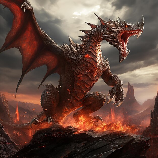 Il drago che sorge dalle ceneri coperto di lava
