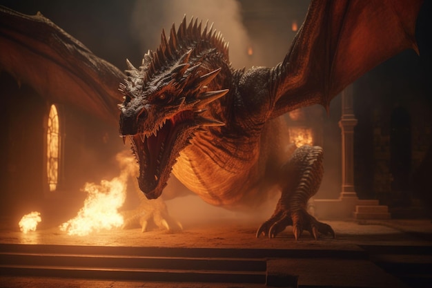 Il drago gigante che sputa fuoco su sfondo scuro Ritratto di creatura mitologica IA generativa