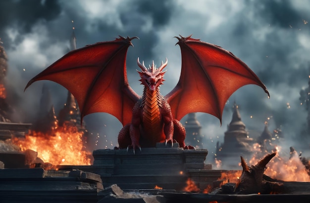 Il drago rosso ruggisce e diffonde le ali nel fuoco.