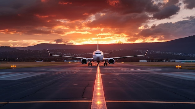 Il drammatico cielo sulla pista dell'aeroporto di Hobart cattura una vista dell'aereo al tramonto