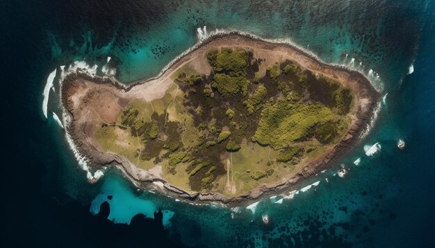 Il drone a mezz'aria cattura l'idilliaca bellezza della costa tropicale nella natura generata dall'intelligenza artificiale