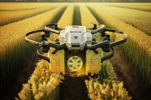 Il drone agronomo galleggia attraverso il campo con il raccolto e analizza le condizioni della piantagione creata con l'IA generativa