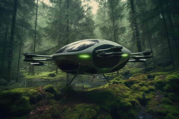 Il drone futuristico vola nella foresta tra gli alberi Illustrazione dell'IA generativa