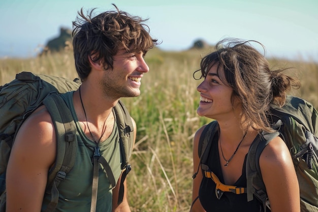 Il duo allegro con l'attrezzatura da escursionista si diverte in una fuga dalla natura