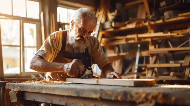 Il falegname al lavoro nel suo studio L'uomo anziano indossa un grembiule e usa una piastra elettrica per lisciare un pezzo di legno