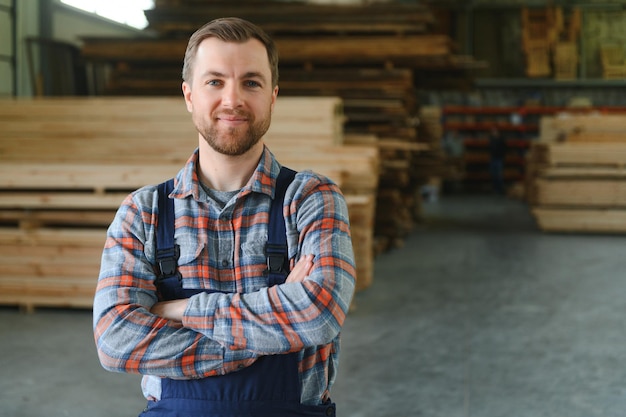 Il falegname nel magazzino del legno seleziona la tavola per la realizzazione di mobili nel laboratorio di falegnameria