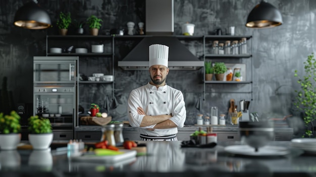 Il famoso chef professionista di un grande ristorante incrocia le braccia e è felice in una cucina moderna nella cucina