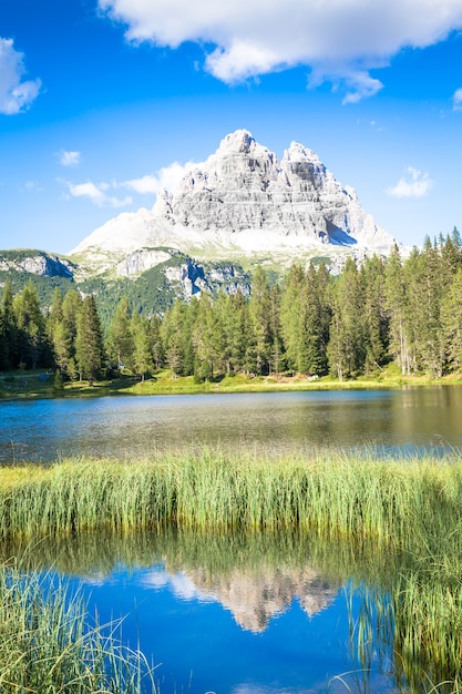 Il famoso sito UNESCO, Tre Cime di Lavaredo in Italia, dalla base delle montagne.