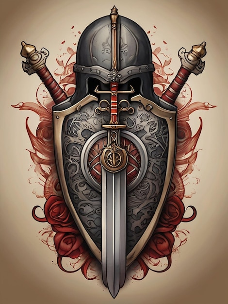 Il famoso tatuaggio leggendario cinese con scudo e spada