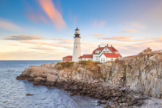 Il faro anteriore di Portland al tramonto, Portland, Maine, USA