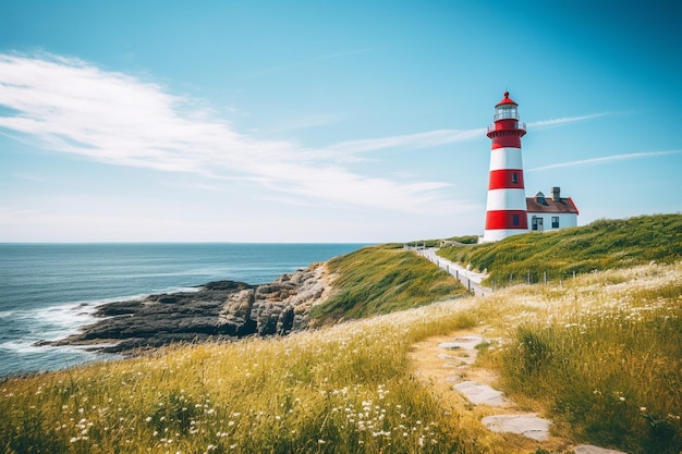 Il faro costiero in piedi contro un cielo blu limpido