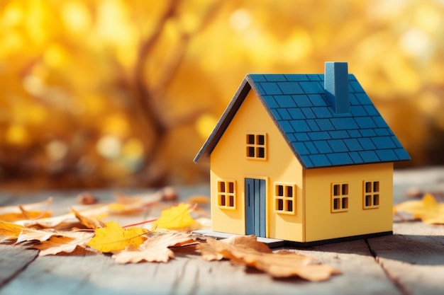 Il fascino autunnale Vibrant Miniature Toy House Glimmers con foglie gialle sulla superficie di legno