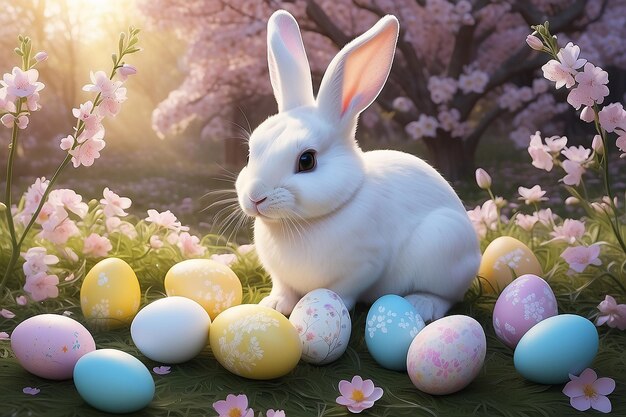 Il fascino di Pasqua cattura l'alba serena, i conigli giocosi e la bellezza pastello con l'IA generativa