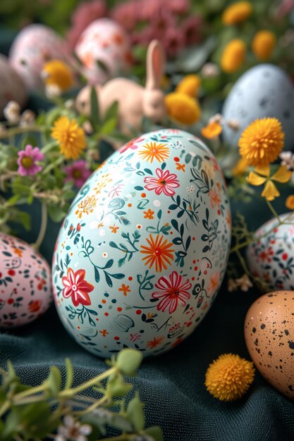 Il fascino di Pasqua un'alba serena un coniglietto giocoso o una natura morta intricata adornata con pastelli fiori e uova cattura l'essenza della tradizione familiare e sprigiona bellezza IA generativa