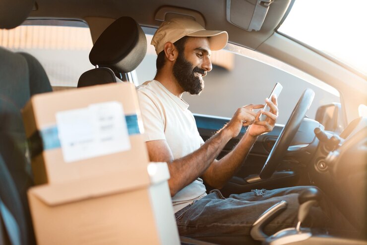 Foto il fattorino arabo manda sms tramite cellulare mentre riceve l'ordine online in auto
