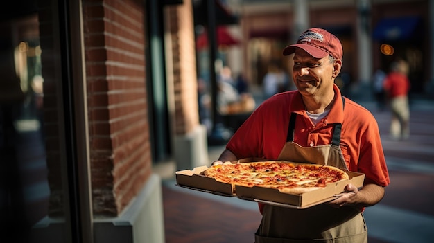 Il fattorino della pizza tiene in mano una pizza grande