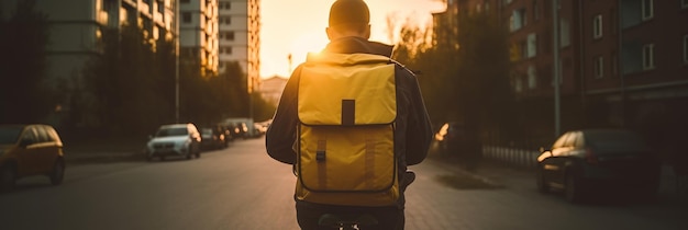 Il fattorino va in bicicletta e consegna merci in giro per la città con uno zaino per le consegne Generativo