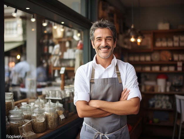 Il felice proprietario di una piccola azienda di un caffè o di un negozio si trova alla porta con un grembiule grigio