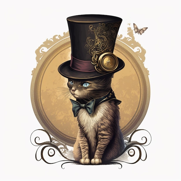 Il felino incantato con cappello a cilindro e illustrazione del monocolo