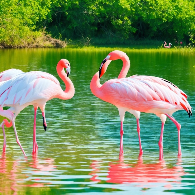 il fenicottero colorato è in piedi nell'acqua e lo sfondo è colorato