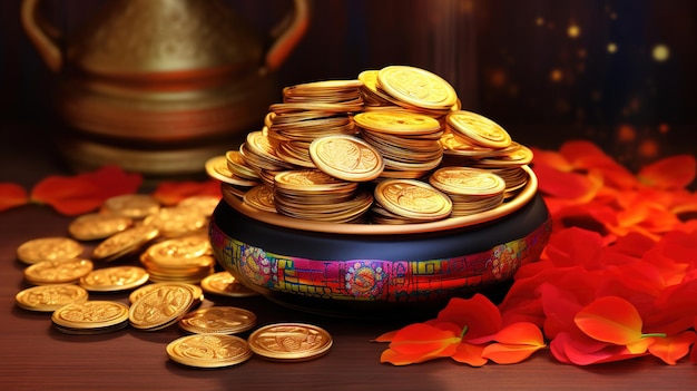 Il festival indiano Dhanteras e Diwali adorano lo sfondo con l'illustrazione delle monete d'oro della dea Lakshmi Laxmi
