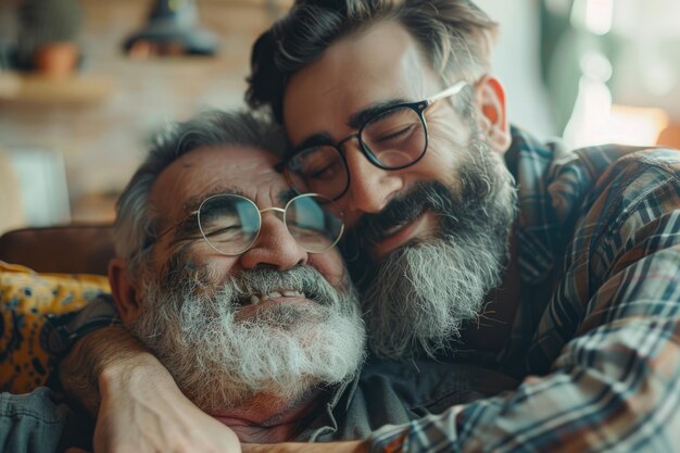 Il figlio hipster e il padre anziano si uniscono a casa con gioia.