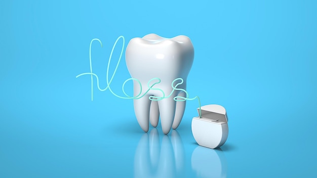 Il filo interdentale sotto forma di parola FLOSS e dente su sfondo blu rendering 3d