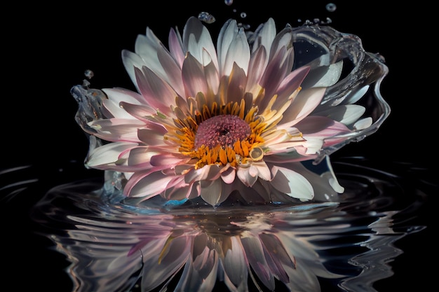 Il fiore bianco cade sull'immagine dell'acqua su sfondo nero AI generativo