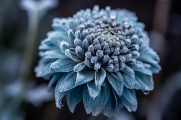 Il fiore blu profondamente freddo e congelato sboccia al primo piano come sfondo floreale ai generativo